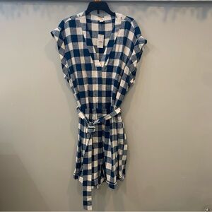 NWT J Crew Factory Linen Blend Tie Waist Romper Blue White Gingham Check Size 16